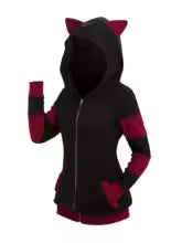 2024 European and American fashion women's new thick cat ears in autumn and winter long color matching hooded sweater coat