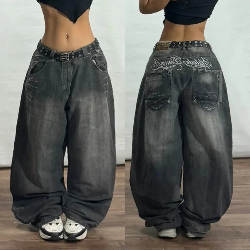 2025 New American Trend Vintage Hip-hop Embroidery Pattern Baggy Jeans Men And Women Y2K Harajuku Gothic Wide Pants Streetwear