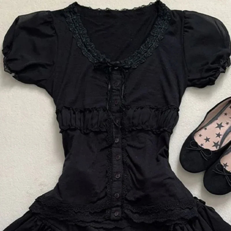 Y2k Gothic Vintage Black Lace 2 Piece Set Women Hepburn Chic Slim Lace Puff Sleeve Tops Female + High-waist Ruffle Short Skirt