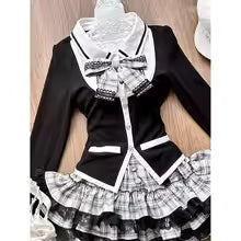Y2K Korean Vintage Preppy Style Two Piece Sets Women Sweet Bow Knit Tops Ruffles Plaid A Line Mini Skirt Fashion Lolita Outfits