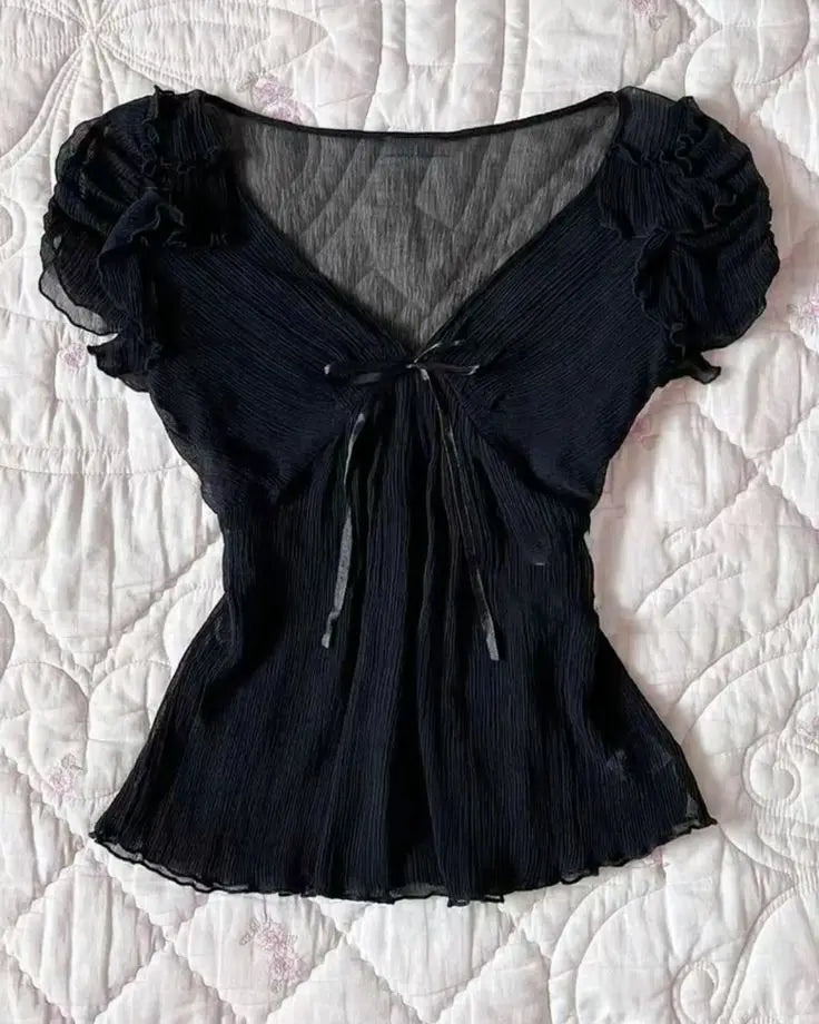 Y2K Fairy Grunge Crop Top for Women Short Sleeve Lace Patchwork T-Shirt Aesthetic Slim Fit Cute Babydoll Top Tees Streetwear Top
