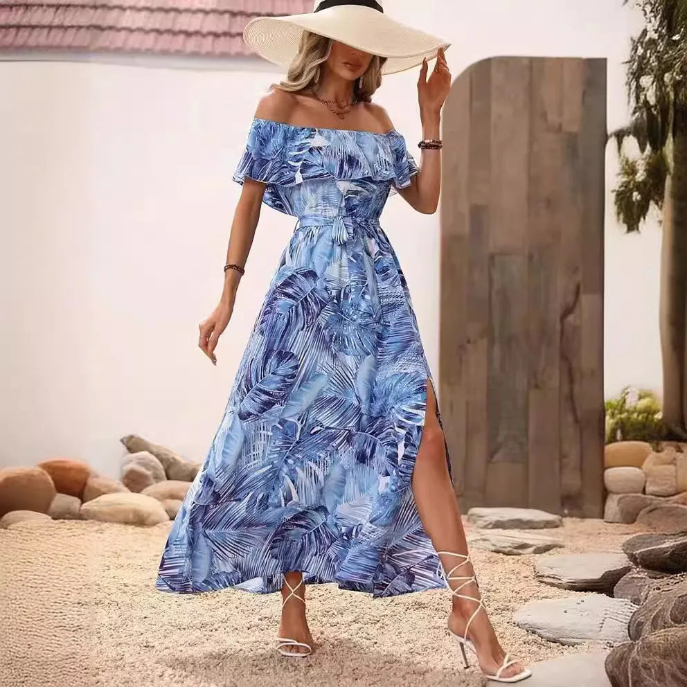 2024 Summer Fashion Printed Dress Sleeveless One-line Collar Ruffled Lace-Up Waist Dress Elegant Commuting Swing Dress