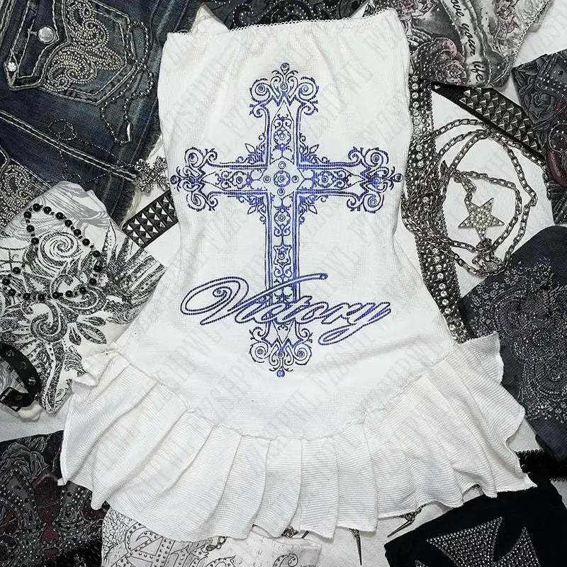Y2k Women Chest Hugging Dress Gothic Hip Hop Punk Graphic Aesthetic Harajuku 2000s Vintage Streetwear High Street Retro EMO Girl