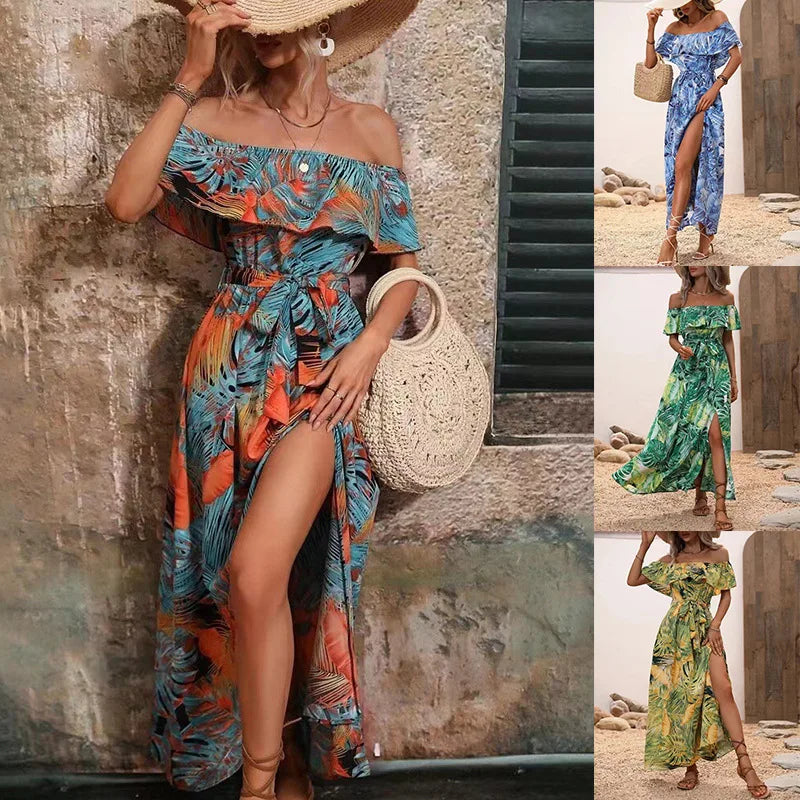 2024 Summer Fashion Printed Dress Sleeveless One-line Collar Ruffled Lace-Up Waist Dress Elegant Commuting Swing Dress