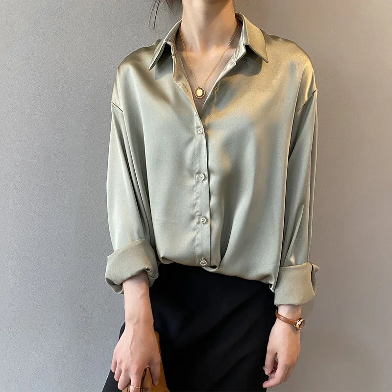 2025 Autumn Vintage Casual Button Silk Tops Elegant Satin Loose Women Shirt Spring Turn-down Collar Ladies Blouse