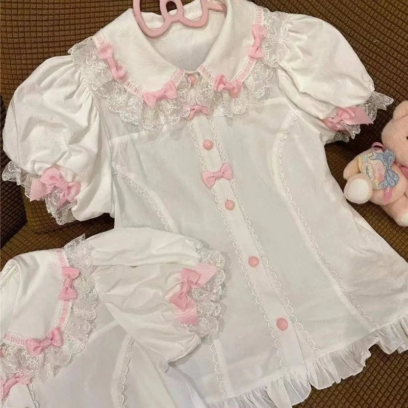 Y2K JK Lolita Japan Kawaii Girl Cute Sweet Lace T-shirt Lolita Print Tops Bow Cake Blouse A-line Spliced Cake Skirt New Chic