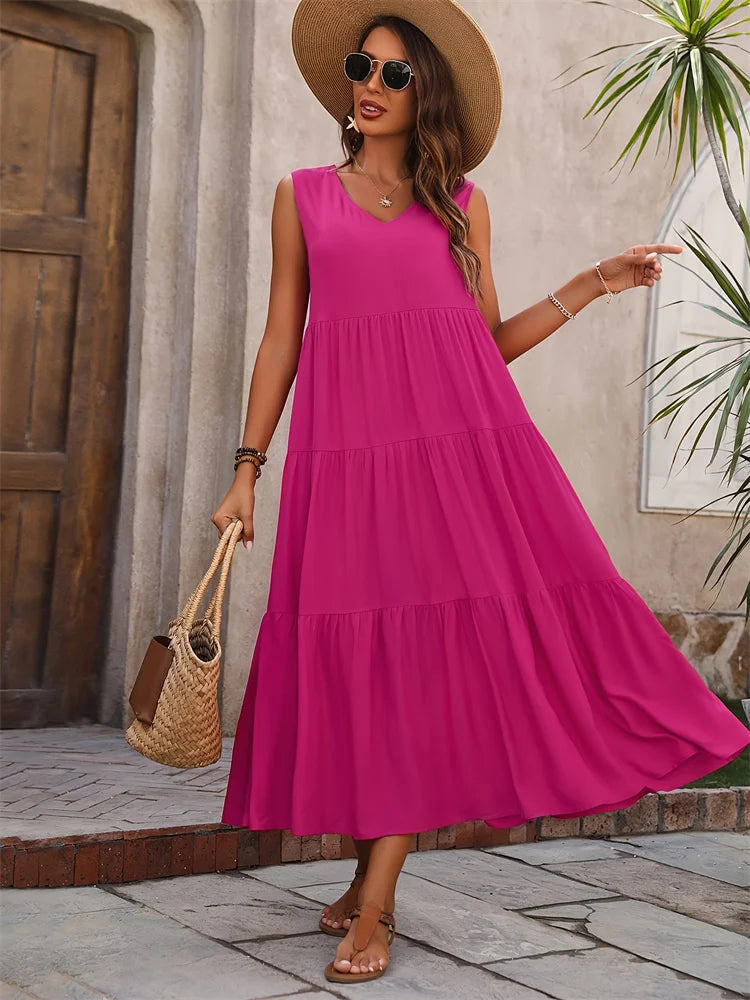2024 Women Dress Summer Casual Brand Vacation Holiday Beach Long Dresses V-neck Loose Elegant Yellow Black RUFFLES Dress Femme