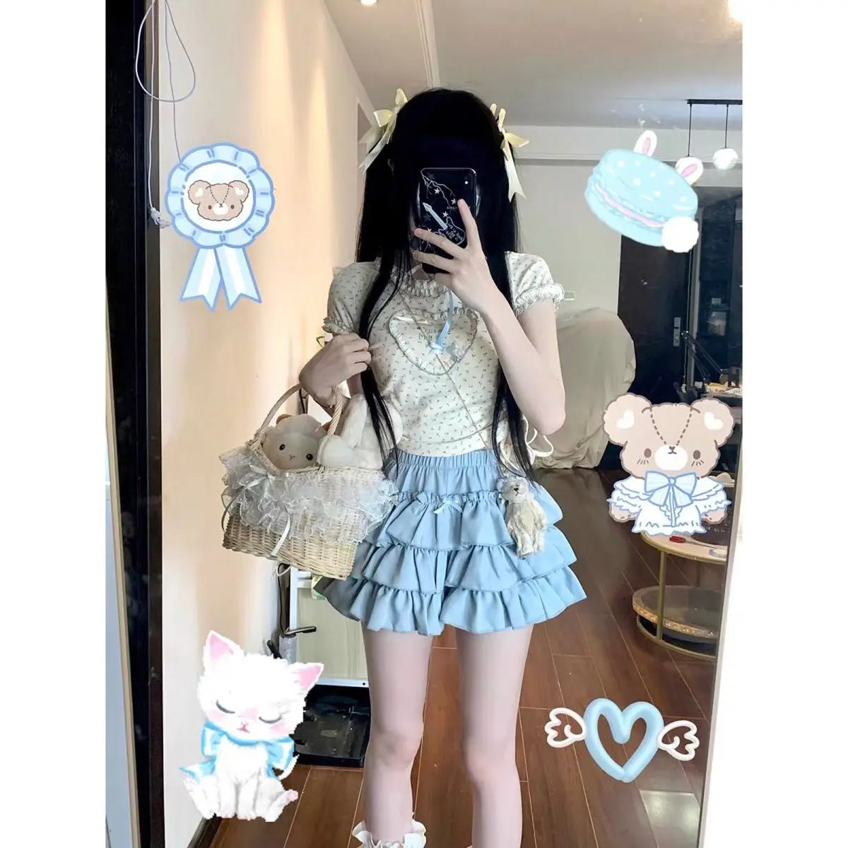 Y2k Fashion Summer Kawaii Sweet Two Piece Set Women Strappy Korean Party Skirt Set Female Ruffle Flounce Lolita Cake Skirt Suit