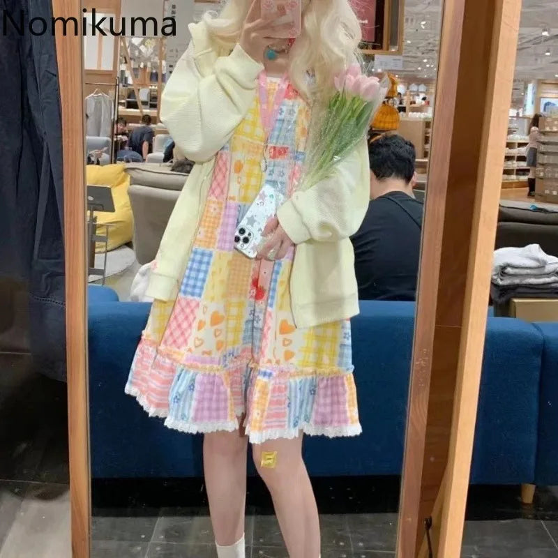 2025 Vestidos De Mujer Cute Woman Dress Bandage Patchwork Lace Contrast Color Plaid Robe Femme Loose Summer Dresses