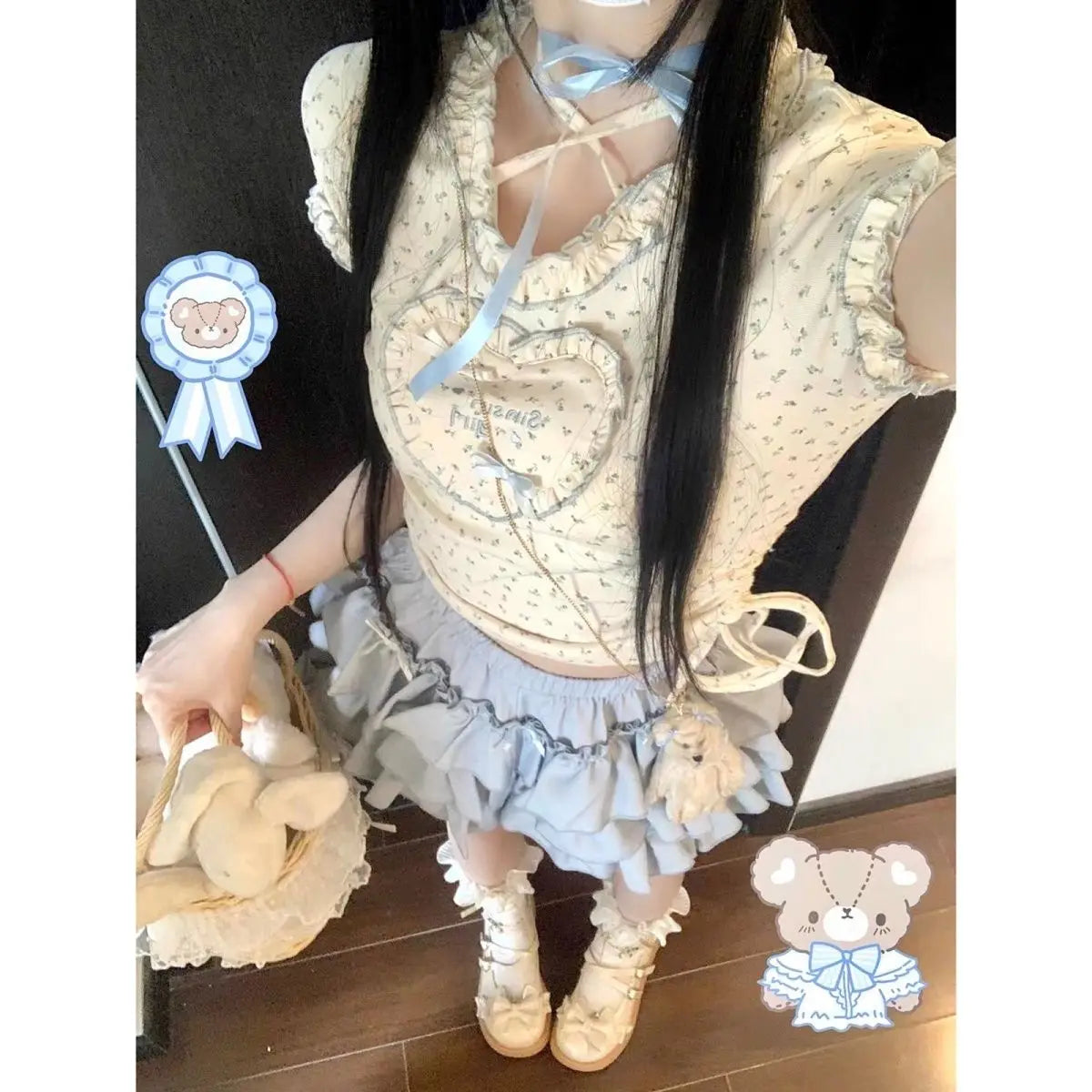 Y2k Fashion Summer Kawaii Sweet Two Piece Set Women Strappy Korean Party Skirt Set Female Ruffle Flounce Lolita Cake Skirt Suit
