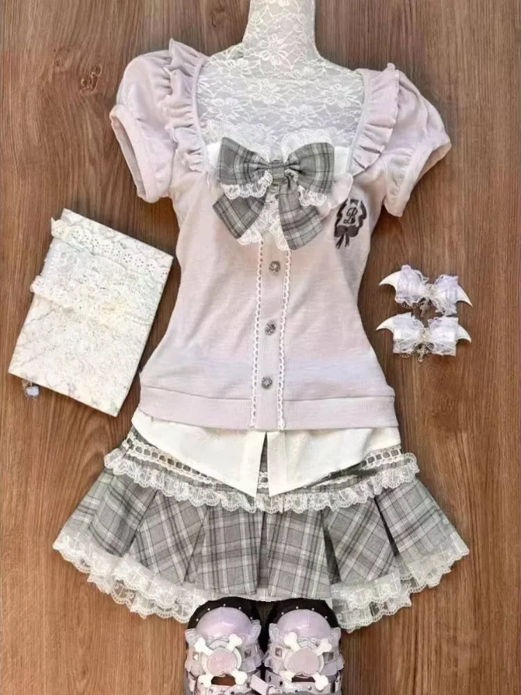 Y2k High Waist Lolita Short Skirt Suit France Vintage Slim Slash Neck Print 2 Piece Set Women Sweet Cute Off Shoulder Top Female