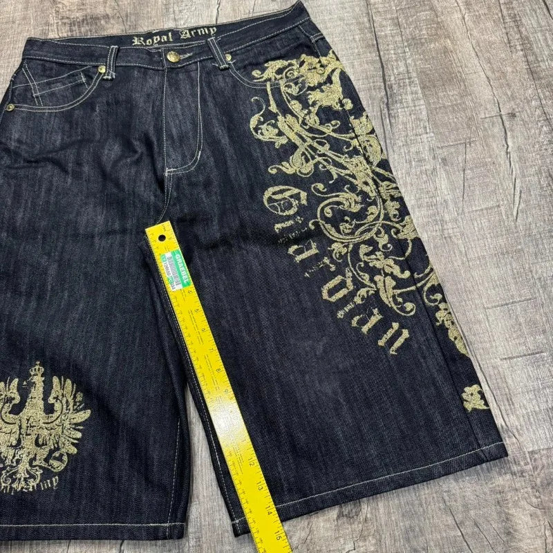 American Vintage Popular New Yellow Print Loose Denim Shorts Men Streetwear Fashion Gothic Casual Joker Shorts Women Clothing