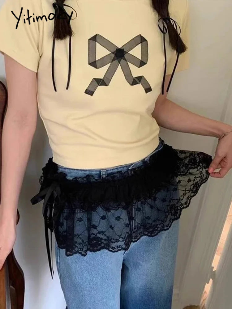 2025 Spring Summer Women Y2K Korean Lace Mini Layered Skirt Streetwear Lace Up Ruffles Harajuku High Waist Pleated Ladies Skirts