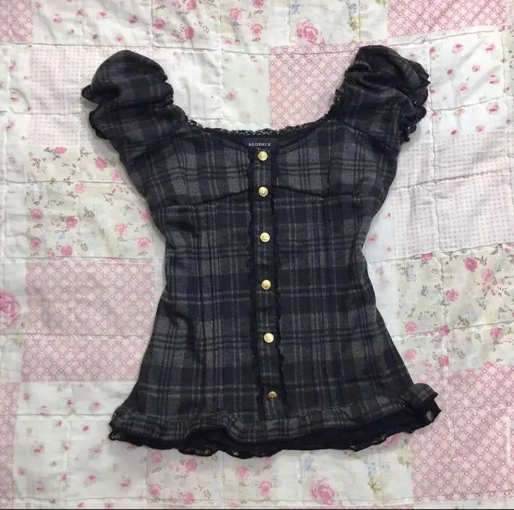 Y2K Fairy Grunge Crop Top for Women Short Sleeve Lace Patchwork T-Shirt Aesthetic Slim Fit Cute Babydoll Top Tees Streetwear Top