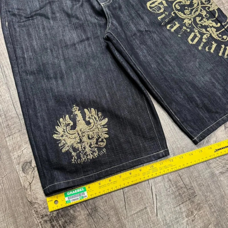 American Vintage Popular New Yellow Print Loose Denim Shorts Men Streetwear Fashion Gothic Casual Joker Shorts Women Clothing