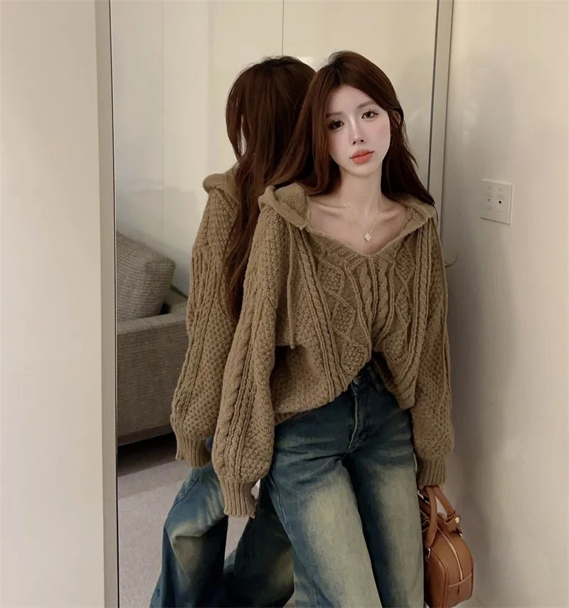 2025 Autumn New Women Solid Color Pullover Sweater Hollow Out Knitted Long Sleeve Cropped Sweater Korean Style Casual Fashion