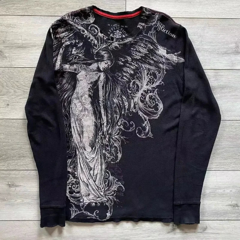 2025 Fall Affliction Red Long sleeved T shirt Round Neck Oversized shirt Casual Gothic Skull Holy Writ Letter Tops Streetwear