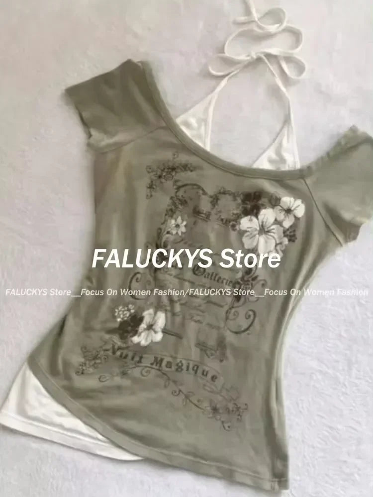 Y2K Retro Street Print T-shirt Fashion Streetwear Halter Neck Fake Two Piece Harajuku 2024 Summer Casual T-Shirt Women Clothes