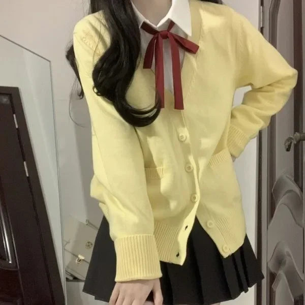 Yellow Knitted Cardigan Sweater Cute Japanese Preppy Style Long Sleeve Top Suit For Women Fashionable and Elegant Design