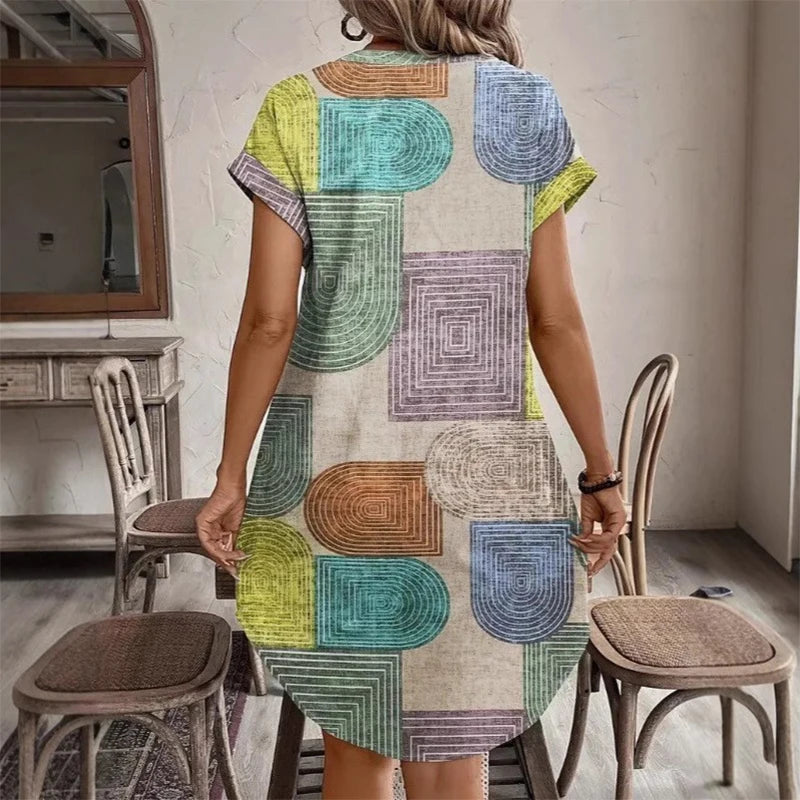 2025 European and American women's clothing foreign trade Amazon summer geometric printing elegant V-neck button up dress
