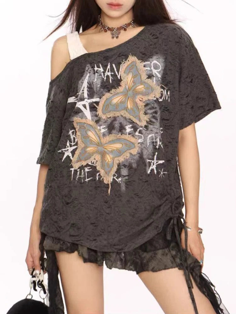 Y2k Gothic Grunge Dark Hollow Out T Shirt Women Harajuku Hollow Out Off Shoulder Sexy Tees Autumn Punk Letter Print Tops New