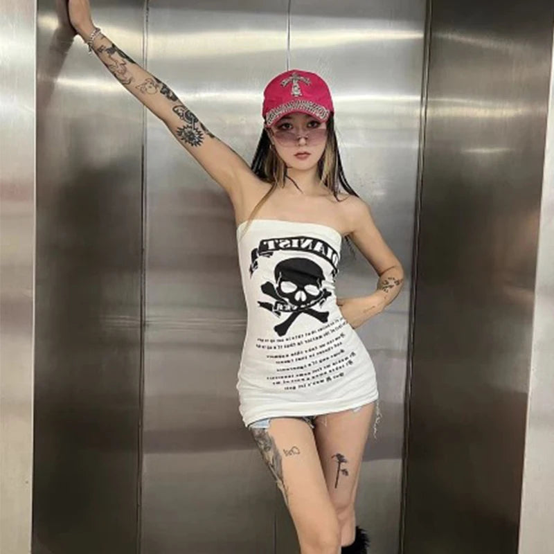 Y2K women Dresses Japanese arcane Vintage Skull Print Strapless Dress Summer Girls Streetwear Hip Wrap Sexy Chic Short Dresses