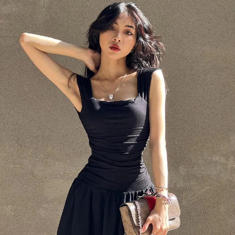 Y2K Wide Strap Panele Chiffon Gather Maxi Dress Folds Formal Summer Vintage Tank Black Dress Women Party Clubwear Long Robe