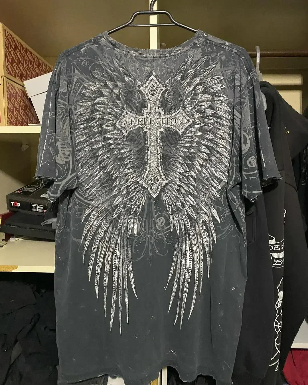 2025 Fall Affliction Red Long sleeved T shirt Round Neck Oversized shirt Casual Gothic Skull Holy Writ Letter Tops Streetwear
