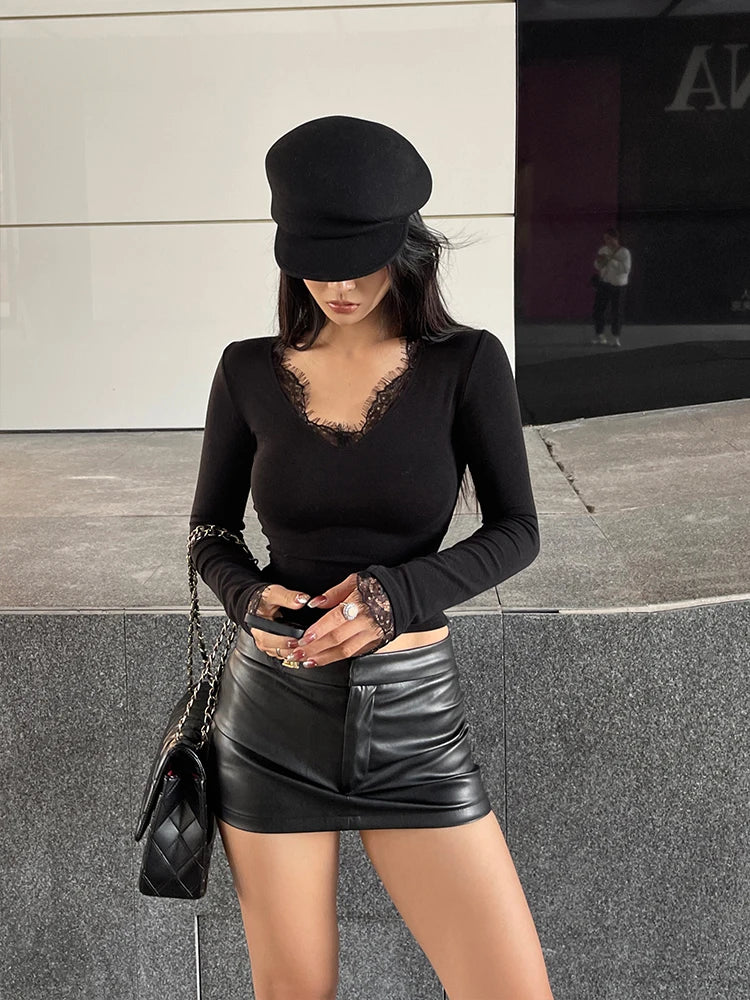 Yedinas Patchwork Lace Women's T-shirt Long Sleeve Autumn Winter Tops Korean Fashion Sexy Slim Tees Female Clothing Chic Tshirt
