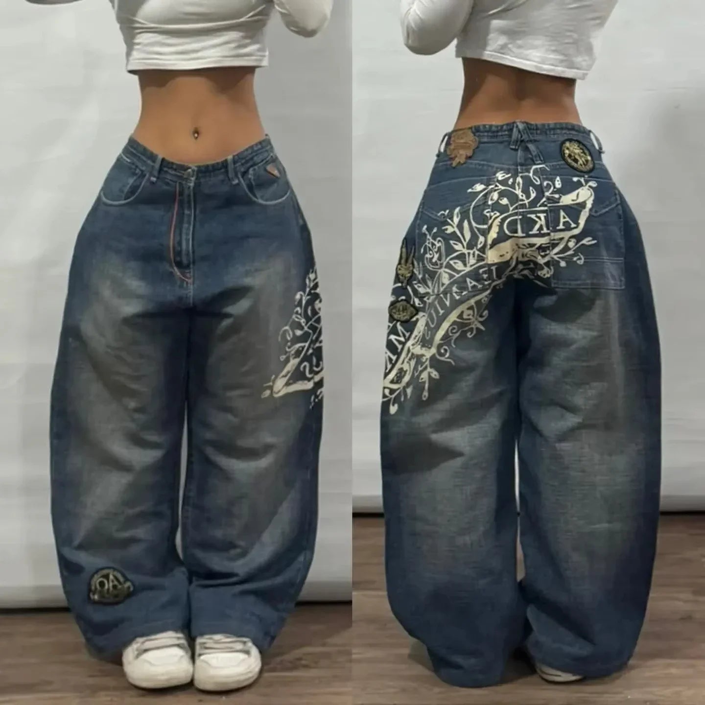 2025 New American Trend Vintage Hip-hop Embroidery Pattern Baggy Jeans Men And Women Y2K Harajuku Gothic Wide Pants Streetwear