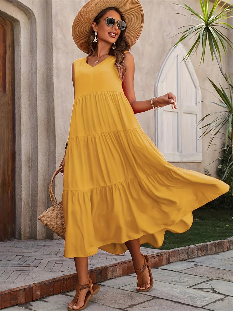 2024 Women Dress Summer Casual Brand Vacation Holiday Beach Long Dresses V-neck Loose Elegant Yellow Black RUFFLES Dress Femme