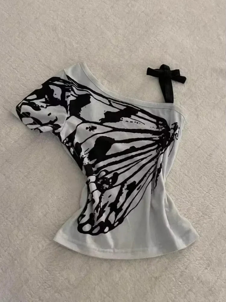 Y2K Retro Street Print T-shirt Fashion Streetwear Halter Neck Fake Two Piece Harajuku 2024 Summer Casual T-Shirt Women Clothes