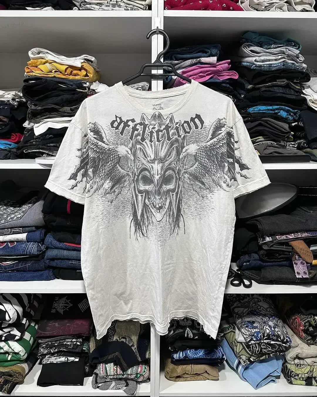 2025 Fall Affliction Red Long sleeved T shirt Round Neck Oversized shirt Casual Gothic Skull Holy Writ Letter Tops Streetwear