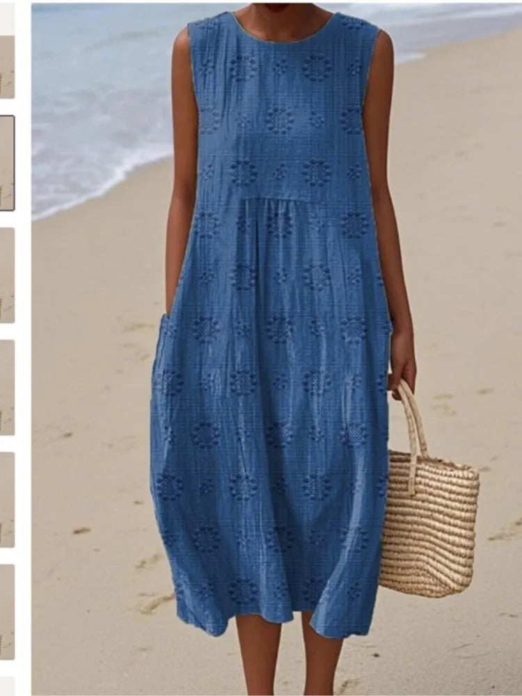 2026Spring Summer Fashion New Sleeveless Print Loose Midi Dresses For Women Casual O-neck Pocket A-line Dress Ladies Beach Dress