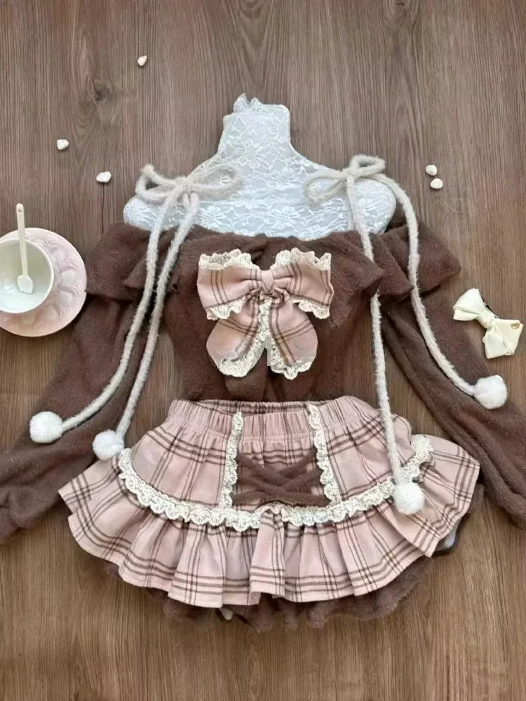 Y2k High Waist Lolita Short Skirt Suit France Vintage Slim Slash Neck Print 2 Piece Set Women Sweet Cute Off Shoulder Top Female