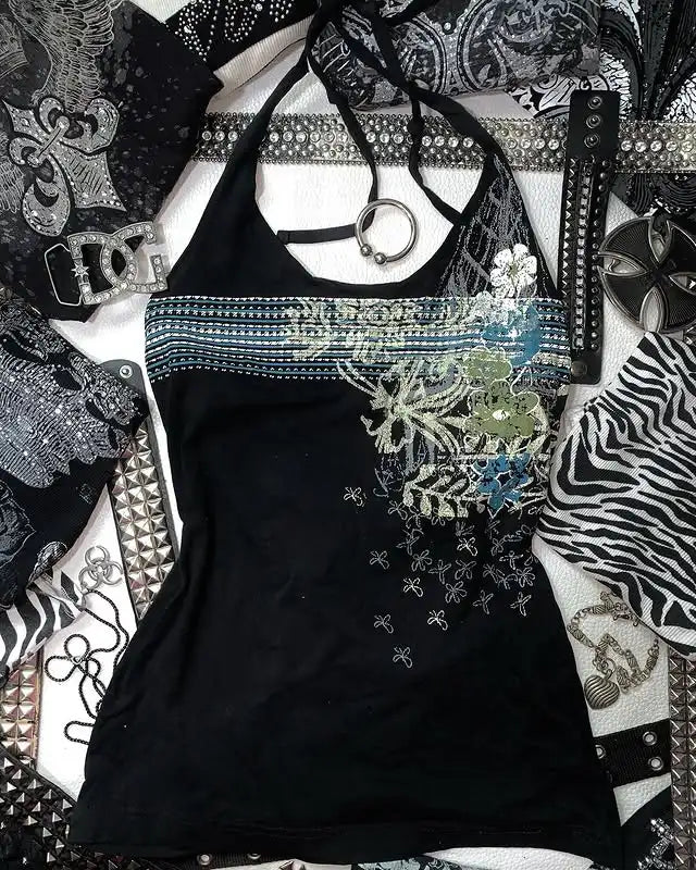 Y2k solid color vest striped tie high street print punk hot girl hip-hop street wear camisole top Grunge Goth retro camisole top