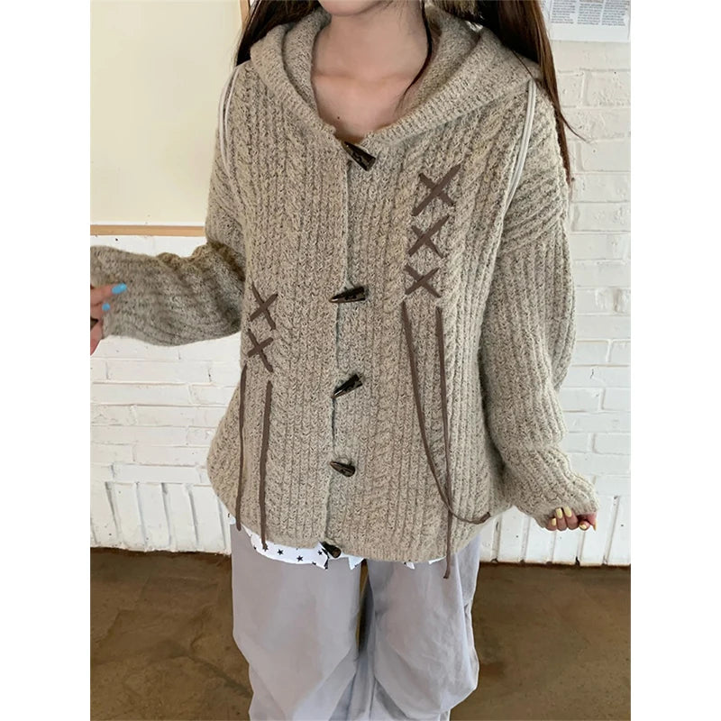Y2K Hooded Knitted Cardigan Women Harajuku Cute Core Sweater Outerwears Streetwear Long Sleeve Knitwears Winter Korean Jumpers