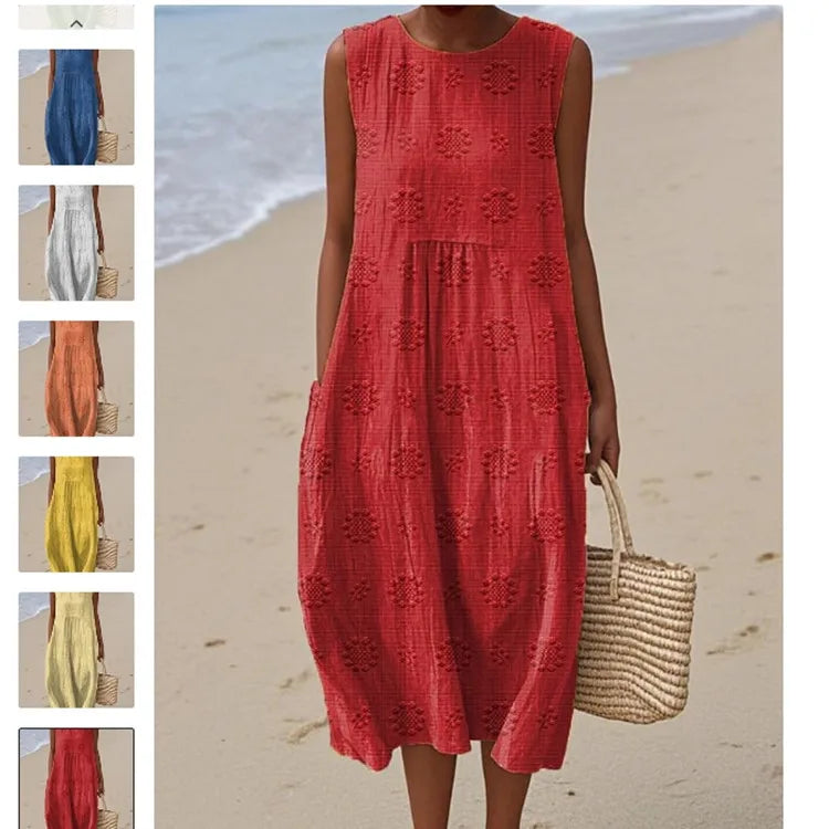 2026Spring Summer Fashion New Sleeveless Print Loose Midi Dresses For Women Casual O-neck Pocket A-line Dress Ladies Beach Dress