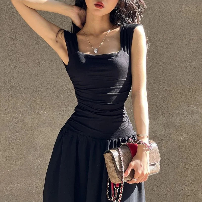 Y2K Wide Strap Panele Chiffon Gather Maxi Dress Folds Formal Summer Vintage Tank Black Dress Women Party Clubwear Long Robe