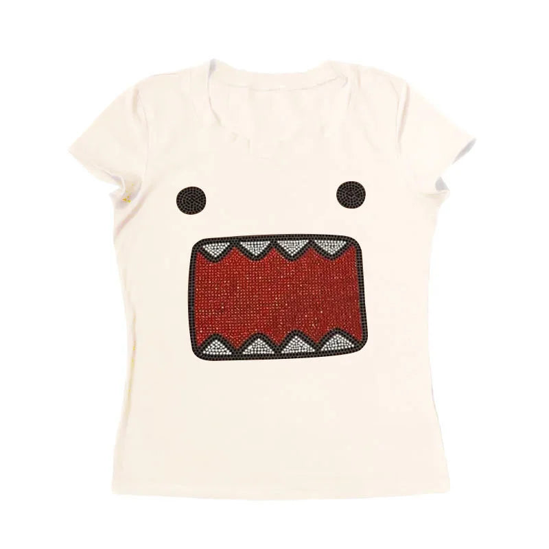 2025 summer new women Y2K Girl Retro Hot Fix Rhinestone Application Round Neck Top T-shirt Funny Vintage Tama Jun Top