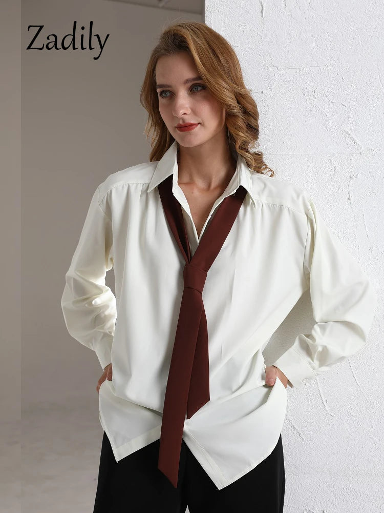 Zadily 2024 Summer Minimalist Long Sleeve Button Up Shirt Women Korean Style Solid Tie Oversize Shirts Blouse Loose Clothes Tops