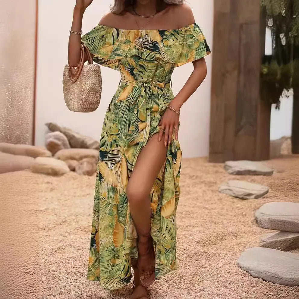 2024 Summer Fashion Printed Dress Sleeveless One-line Collar Ruffled Lace-Up Waist Dress Elegant Commuting Swing Dress