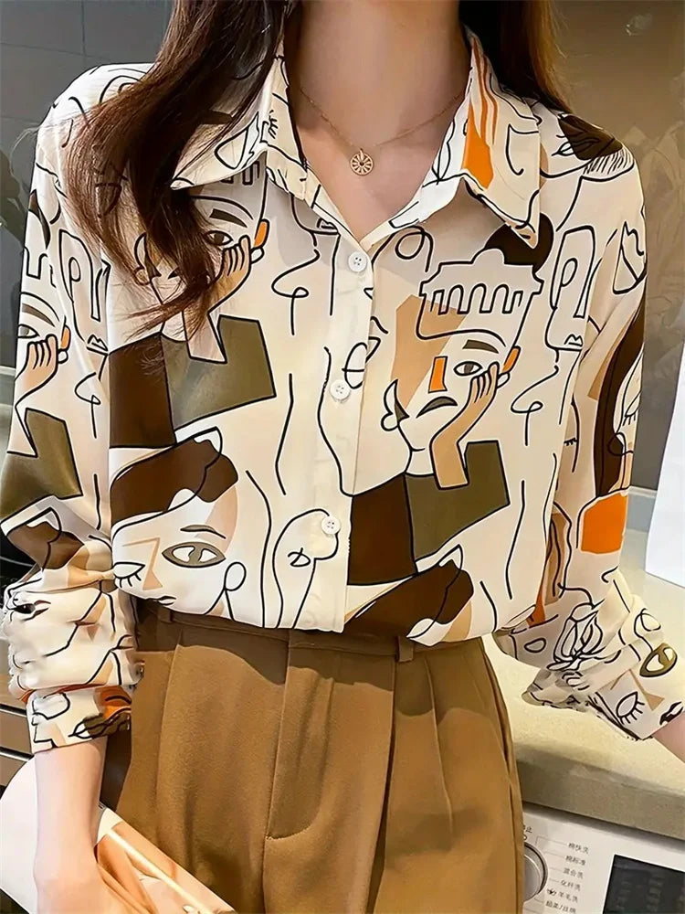 2024 Elegant Black Striped Printed Long-sleeved Shirt For Women Fashion Lapel Button-down Shirt Temperament Office Cardigan