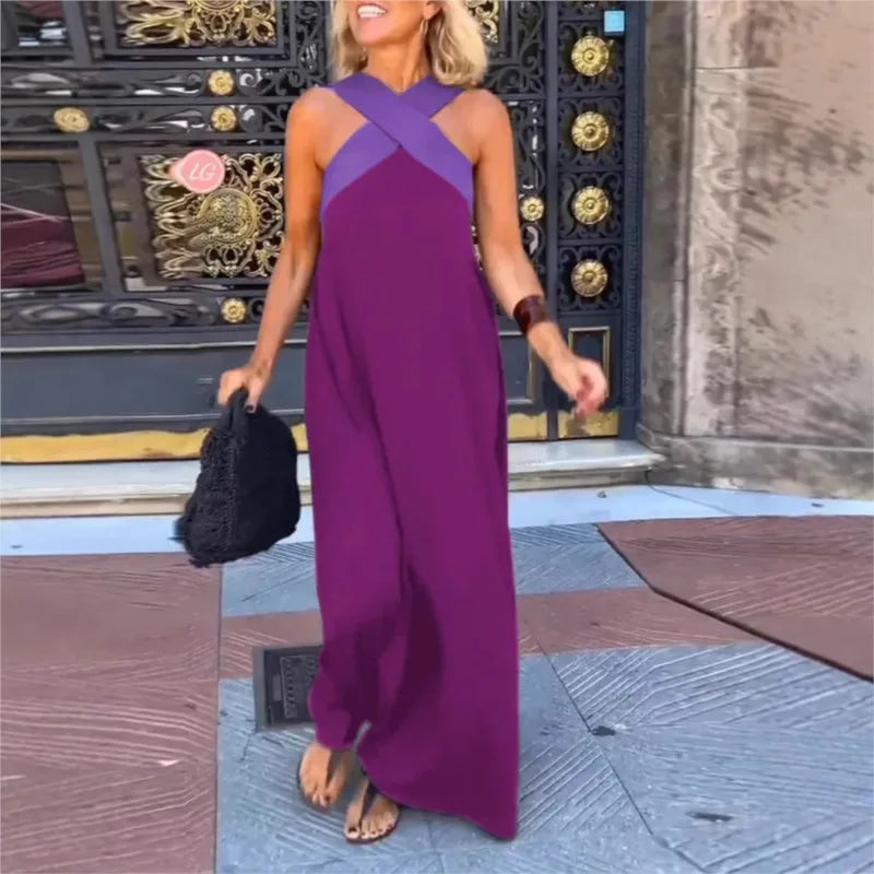 2025 New Summer Cross Halter Long Dress For Women Casual Loose Off Shoulder Beach Dress Fashion Multi-color Holiday Slim Dresses