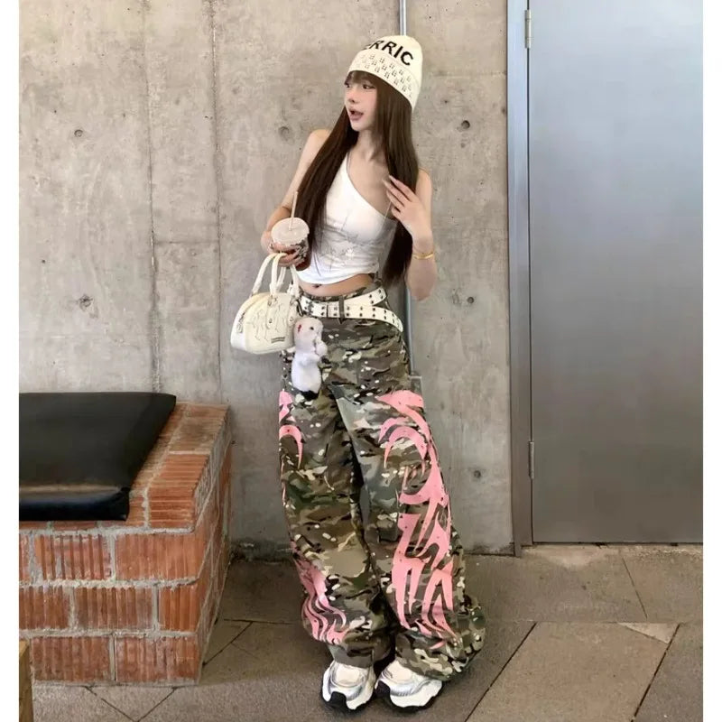 American Street Tools Three-dimensional Camouflage Machete Printed Pants Women Y2K Spice Girls Pants Slim Slim Wide-leg Mop Pant