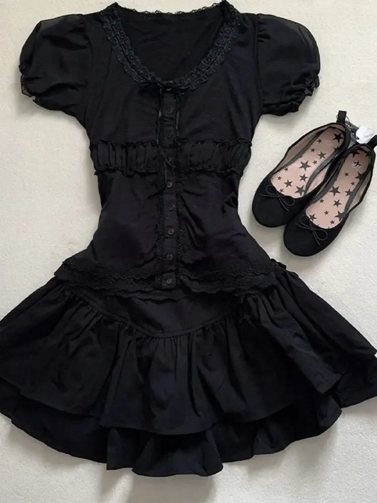 Y2k Gothic Vintage Black Lace 2 Piece Set Women Hepburn Chic Slim Lace Puff Sleeve Tops Female + High-waist Ruffle Short Skirt