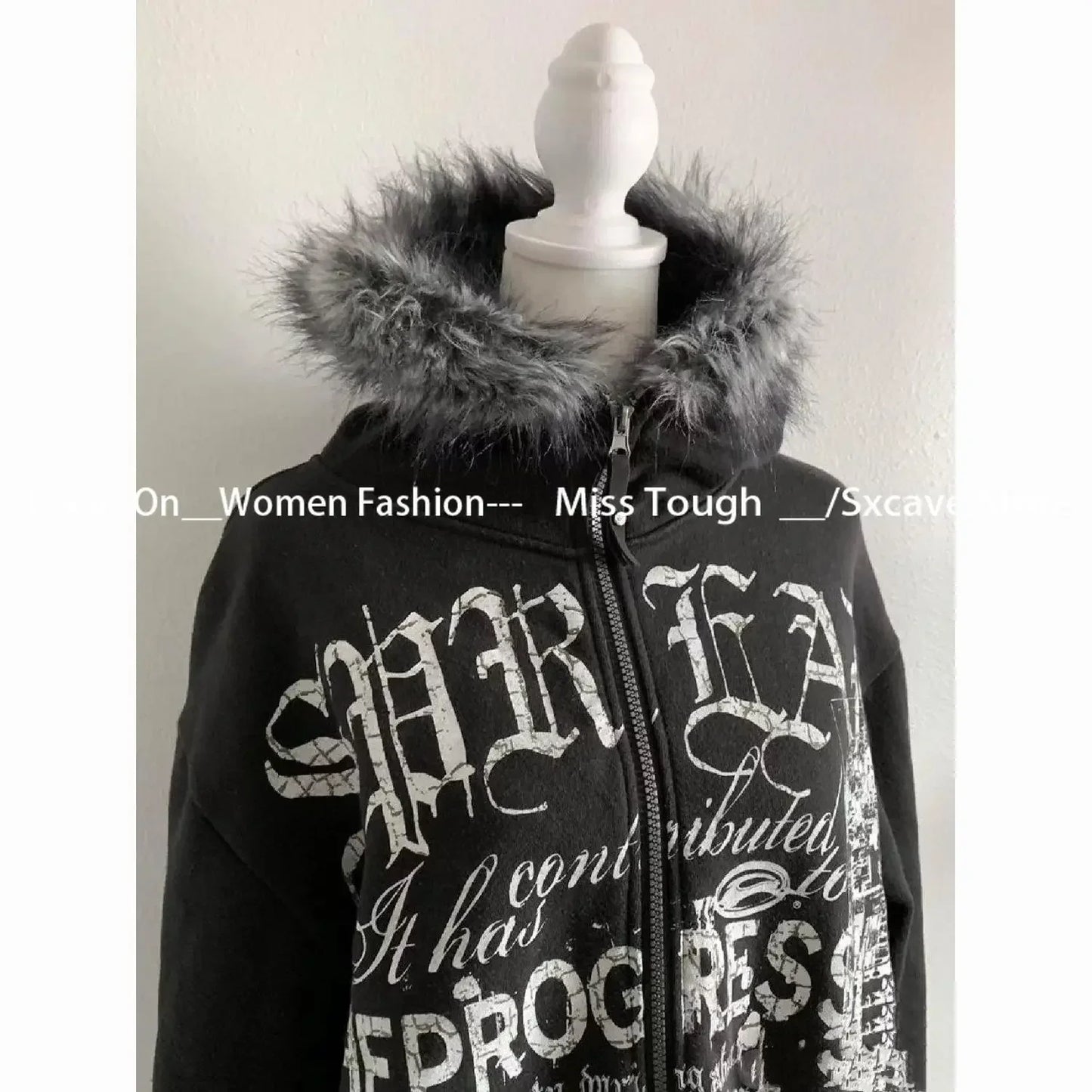 American Vintage Black Faux Fur Sweatshirts Women Letter Printed Subculture Coats with Hooded Female Gothic Harajuku Jackets Y2k