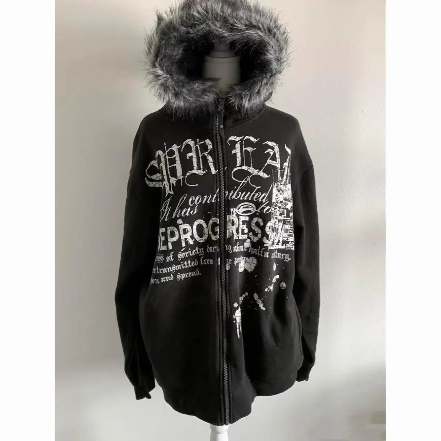 American Vintage Black Faux Fur Sweatshirts Women Letter Printed Subculture Coats with Hooded Female Gothic Harajuku Jackets Y2k