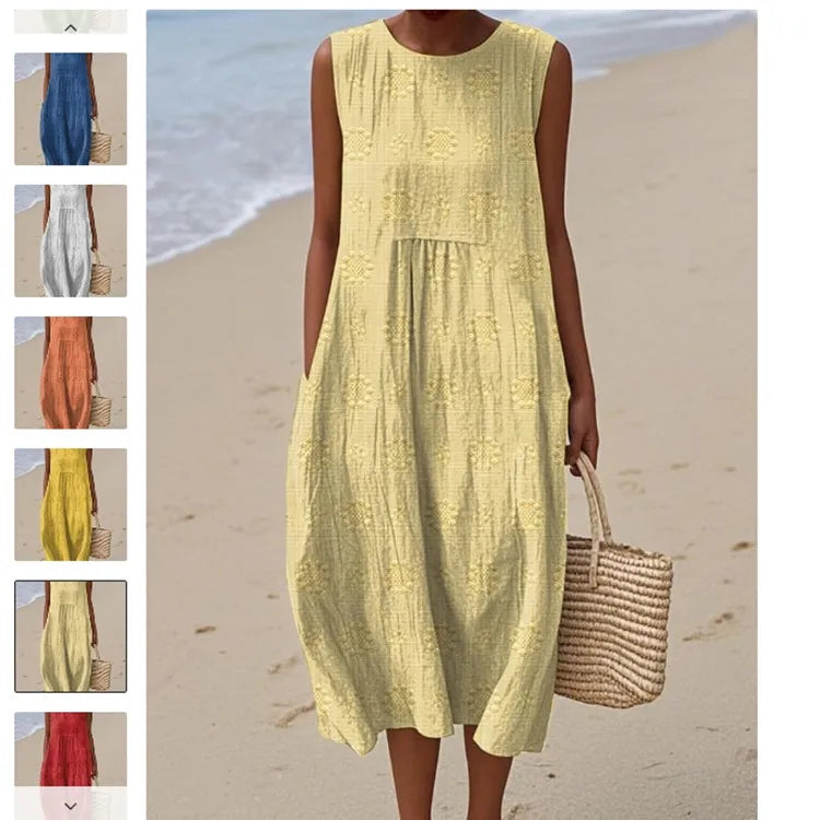 2026Spring Summer Fashion New Sleeveless Print Loose Midi Dresses For Women Casual O-neck Pocket A-line Dress Ladies Beach Dress