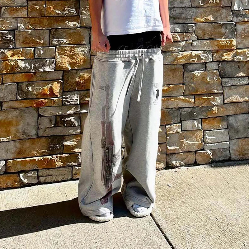 Y2k Street Trend Contrast Drawstring Daily Sweatpants Men Women The Same Fake Two Trendy High Street Leisure Loose Sweatpants